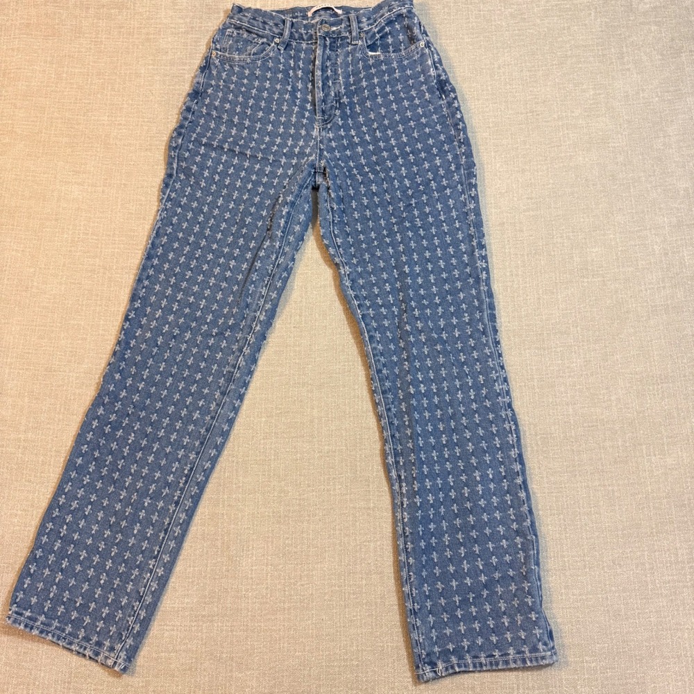 PacSun Dad Jean Size 25 Blue Cross Print High Waisted Distressed Straight Leg
